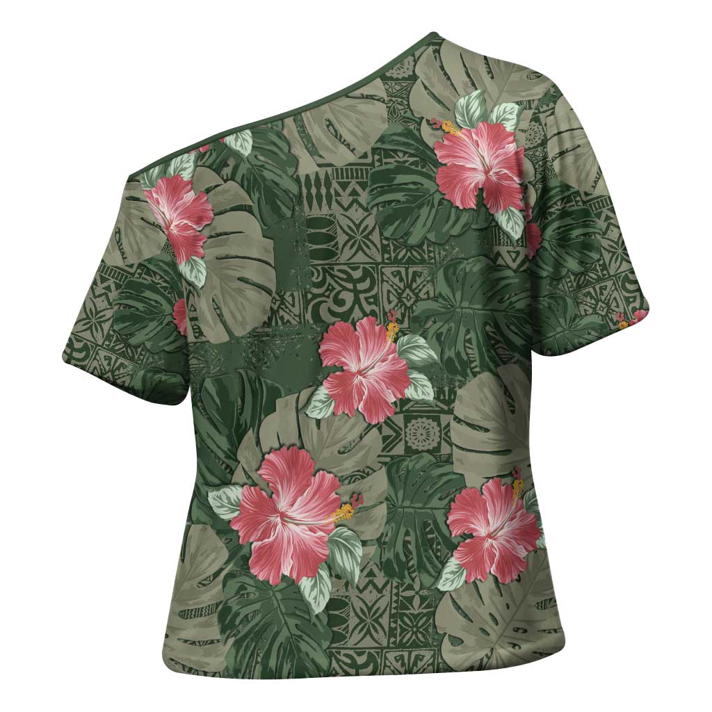 Hawaii Cross Shoulder Shirt Green Polynesian Monstera Patterns DT05 - Polynesian Pride