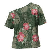Hawaii Cross Shoulder Shirt Green Polynesian Monstera Patterns DT05 - Polynesian Pride