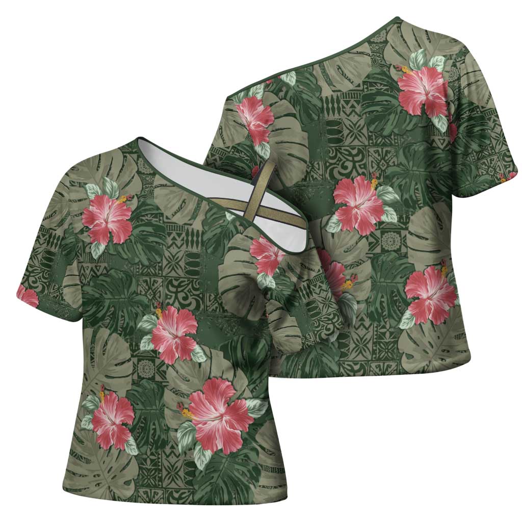 Hawaii Cross Shoulder Shirt Green Polynesian Monstera Patterns DT05 - Polynesian Pride