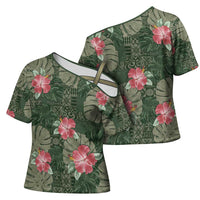 Hawaii Cross Shoulder Shirt Green Polynesian Monstera Patterns DT05 - Polynesian Pride