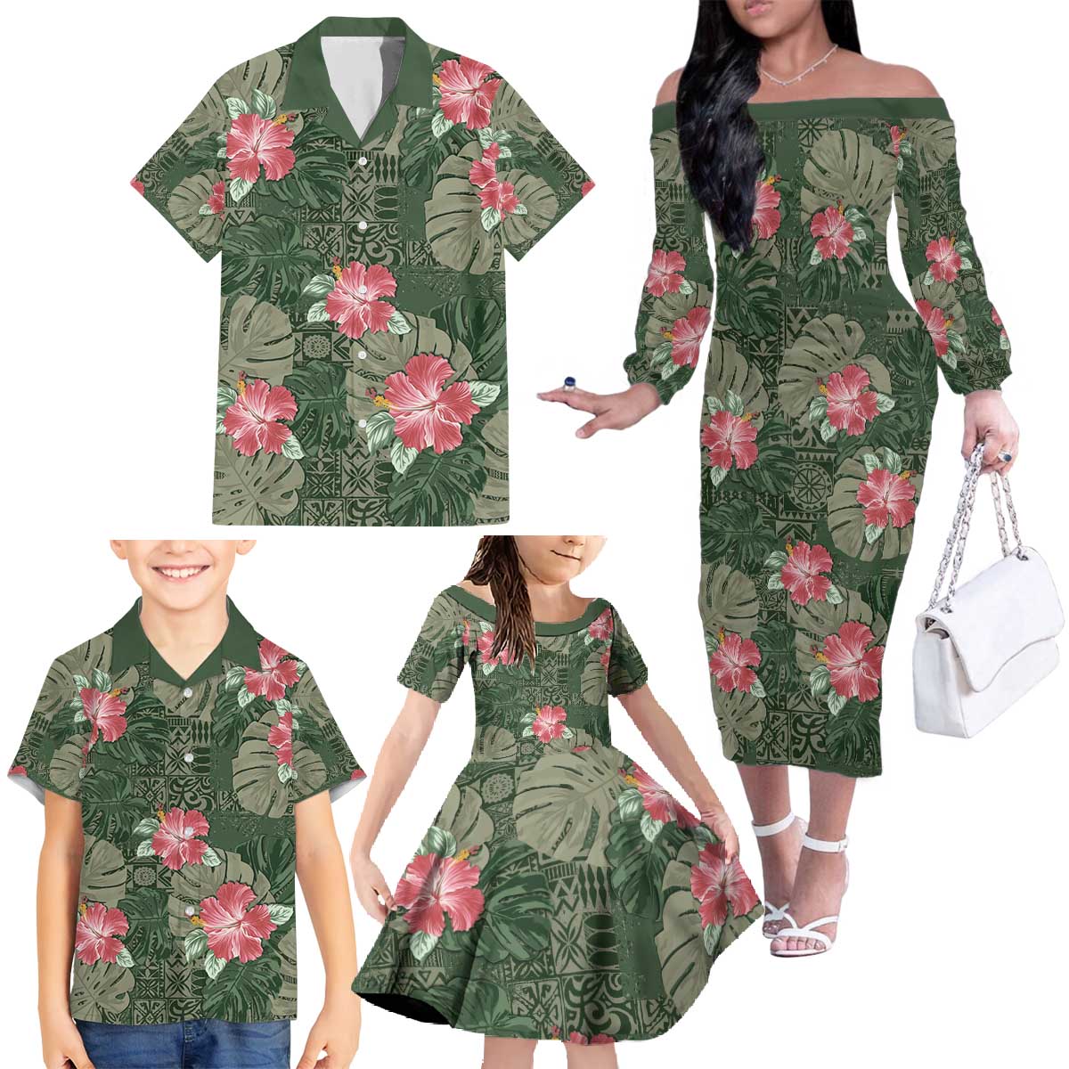 Hawaii Family Matching Off The Shoulder Long Sleeve Dress and Hawaiian Shirt Green Polynesian Monstera Patterns - Polynesian Pride
