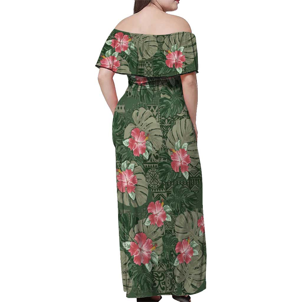 Hawaii Family Matching Off Shoulder Maxi Dress and Hawaiian Shirt Green Polynesian Monstera Patterns - Polynesian Pride
