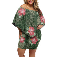 Hawaii Family Matching Off Shoulder Short Dress and Hawaiian Shirt Green Polynesian Monstera Patterns - Polynesian Pride