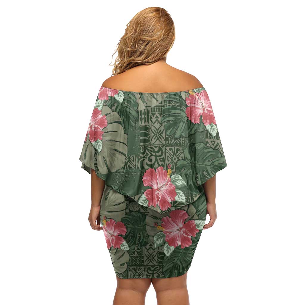 Hawaii Family Matching Off Shoulder Short Dress and Hawaiian Shirt Green Polynesian Monstera Patterns - Polynesian Pride
