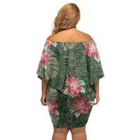 Hawaii Family Matching Off Shoulder Short Dress and Hawaiian Shirt Green Polynesian Monstera Patterns - Polynesian Pride