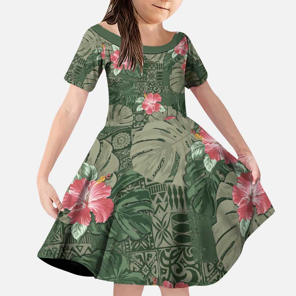 Hawaii Family Matching Puletasi and Hawaiian Shirt Green Polynesian Monstera Patterns DT05 Daughter's Dress Green - Polynesian Pride