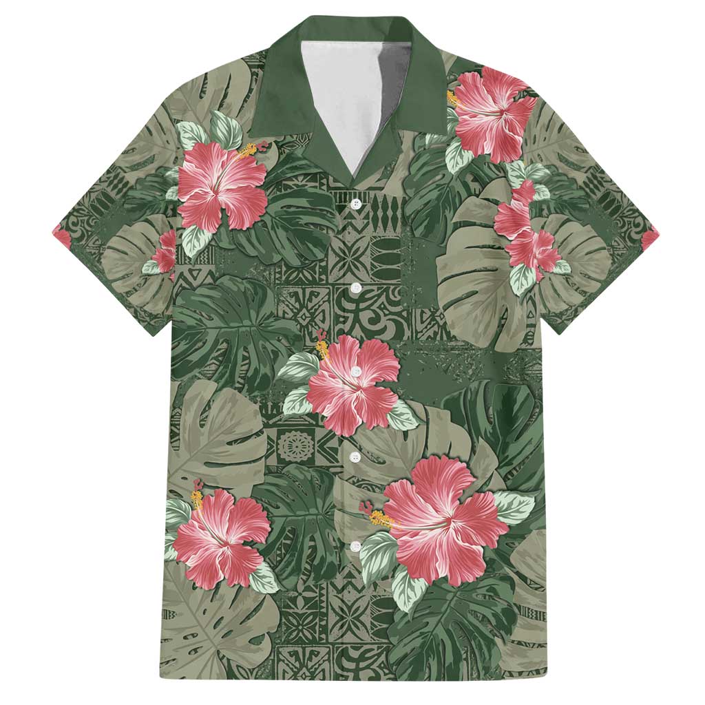 Hawaii Family Matching Puletasi and Hawaiian Shirt Green Polynesian Monstera Patterns DT05 Dad's Shirt - Short Sleeve Green - Polynesian Pride