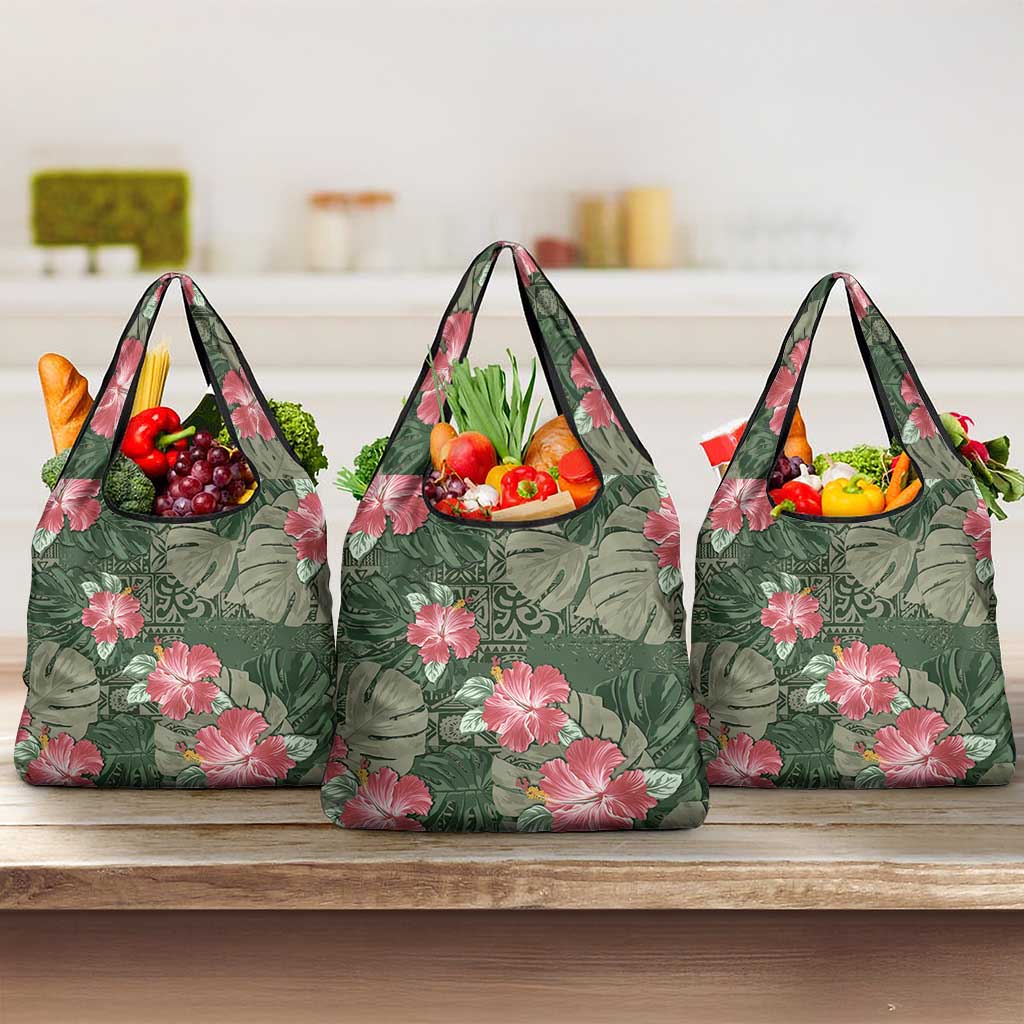 Hawaii Grocery Bag Green Polynesian Monstera Patterns DT05 3-pack One Size Green - Polynesian Pride