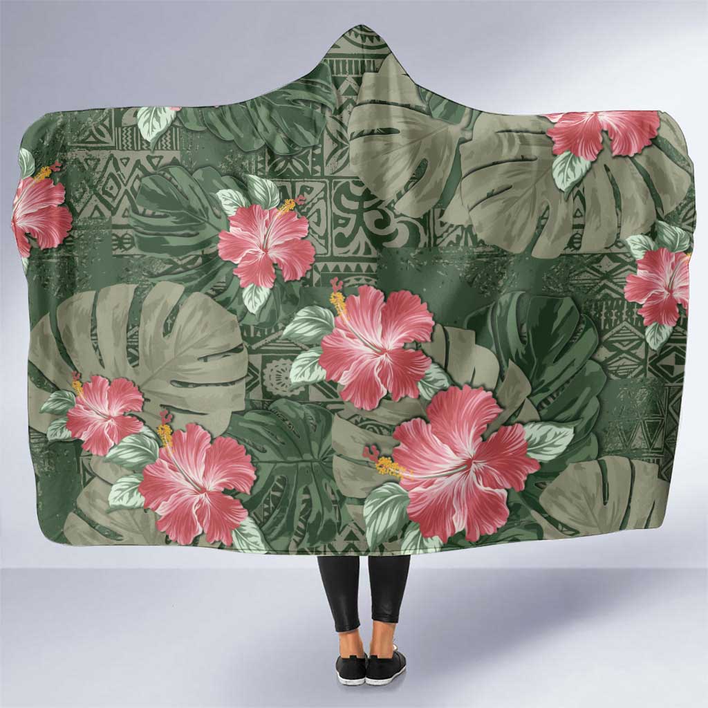 Hawaii Hooded Blanket Green Polynesian Monstera Patterns - Polynesian Pride