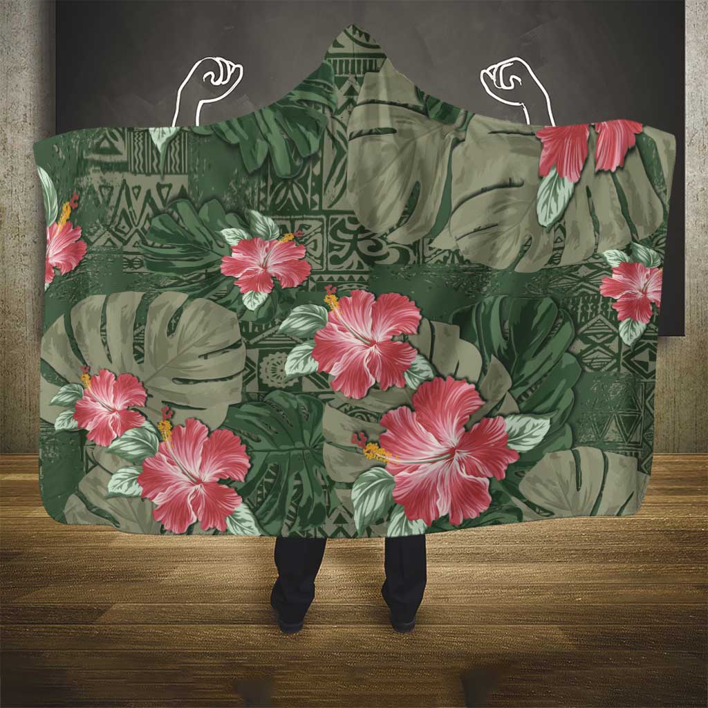 Hawaii Hooded Blanket Green Polynesian Monstera Patterns - Polynesian Pride
