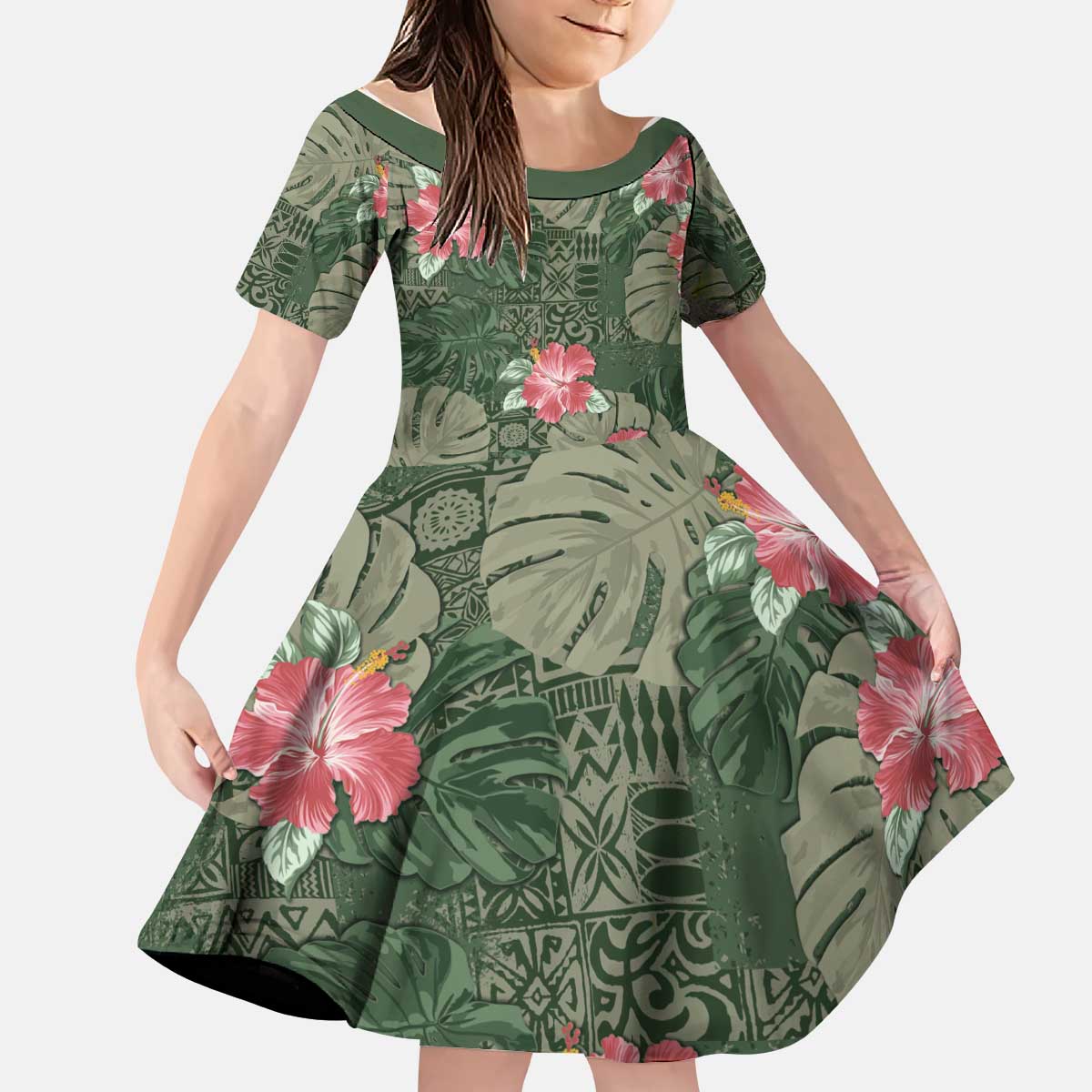 Hawaii Kid Short Sleeve Dress Green Polynesian Monstera Patterns - Polynesian Pride