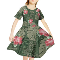 Hawaii Kid Short Sleeve Dress Green Polynesian Monstera Patterns - Polynesian Pride