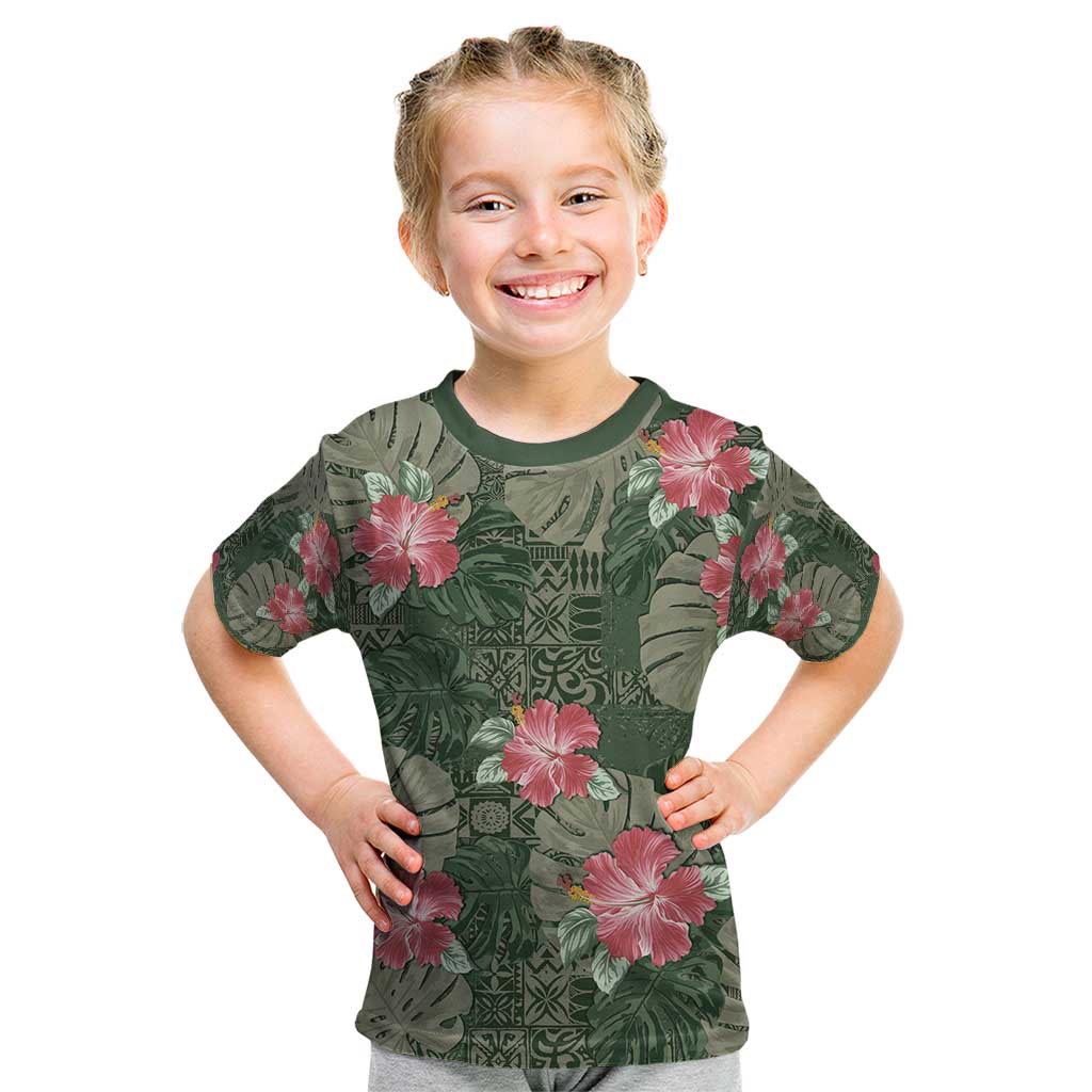 Hawaii Kid T Shirt Green Polynesian Monstera Patterns - Polynesian Pride