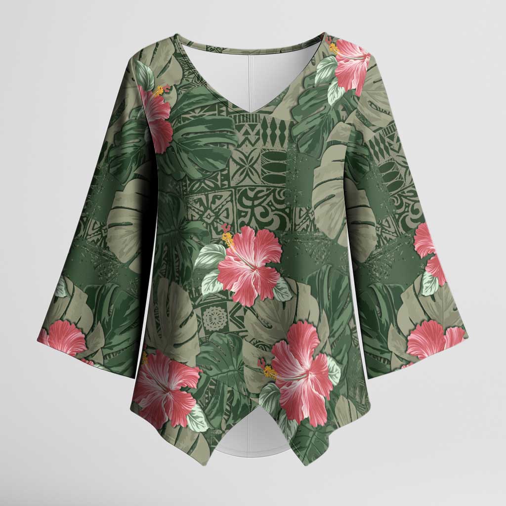 Hawaii Kimono Sleeve Blouse Green Polynesian Monstera Patterns - Polynesian Pride