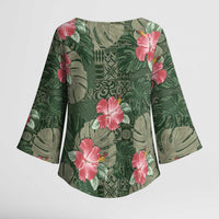 Hawaii Kimono Sleeve Blouse Green Polynesian Monstera Patterns - Polynesian Pride