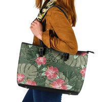 Hawaii Leather Tote Bag Green Polynesian Monstera Patterns - Polynesian Pride