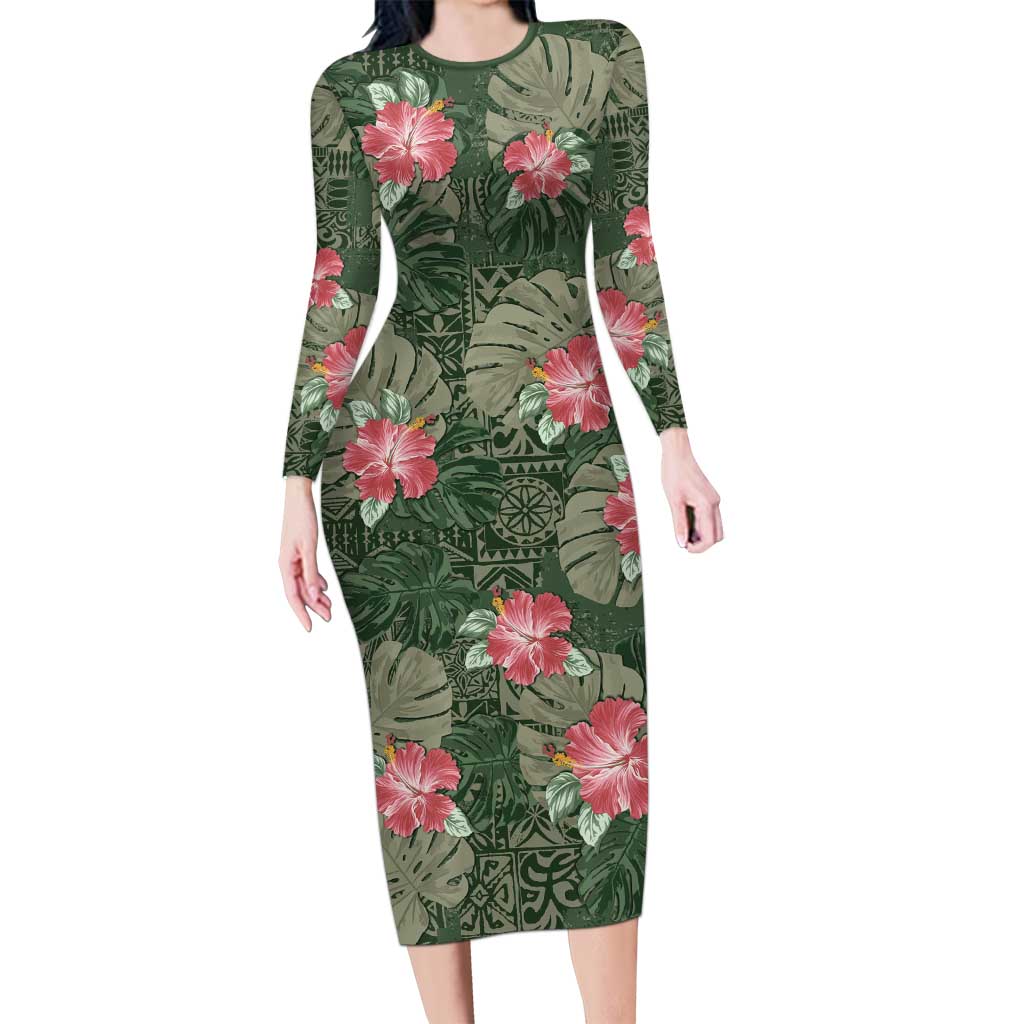 Hawaii Long Sleeve Bodycon Dress Green Polynesian Monstera Patterns - Polynesian Pride