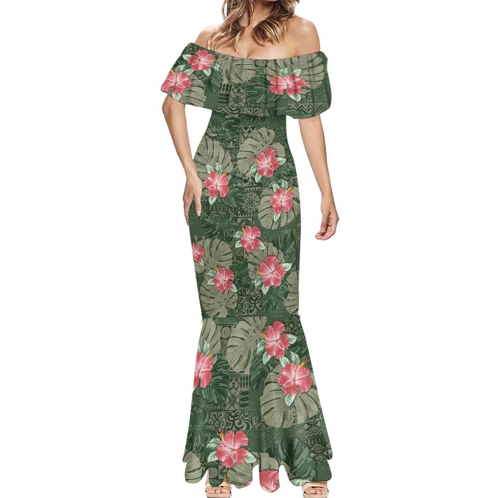 Hawaii Mermaid Dress Green Polynesian Monstera Patterns - Polynesian Pride