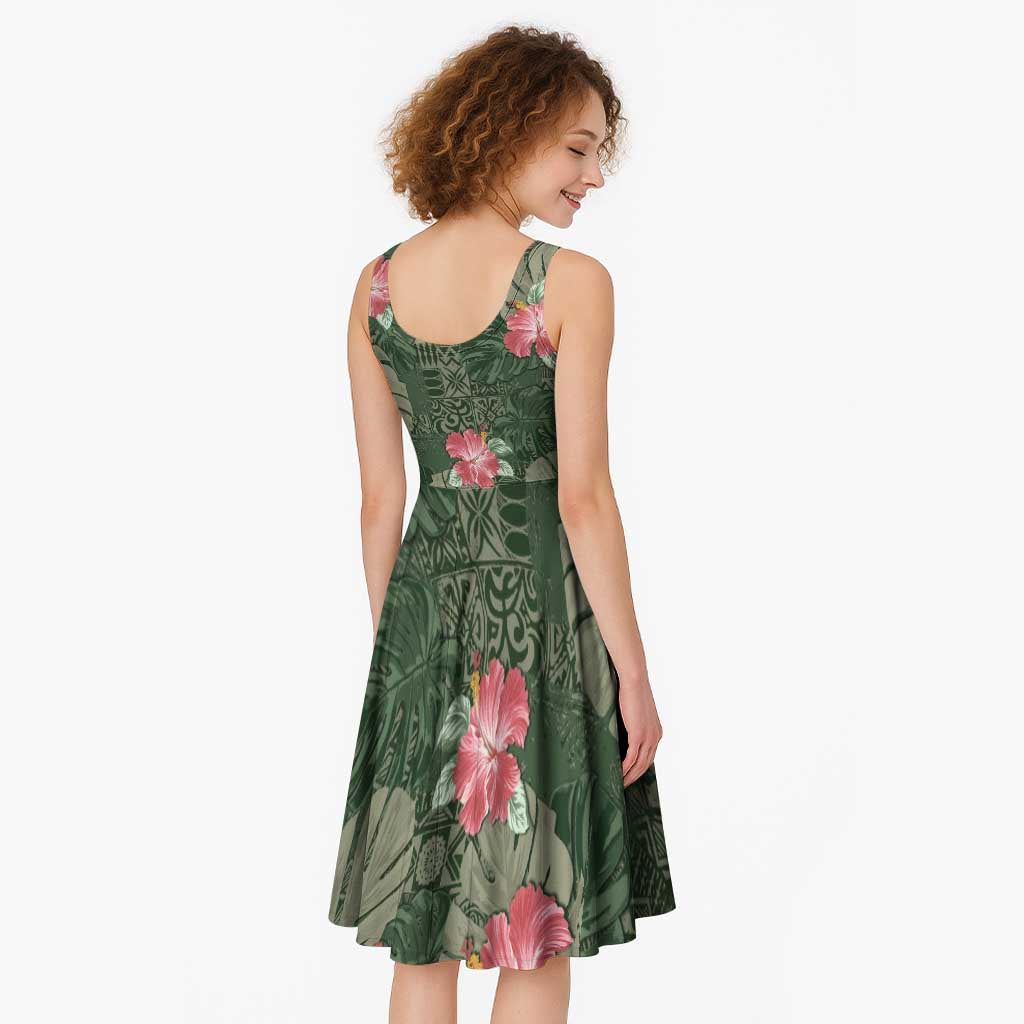 Hawaii Midi Dress Green Polynesian Monstera Patterns - Polynesian Pride