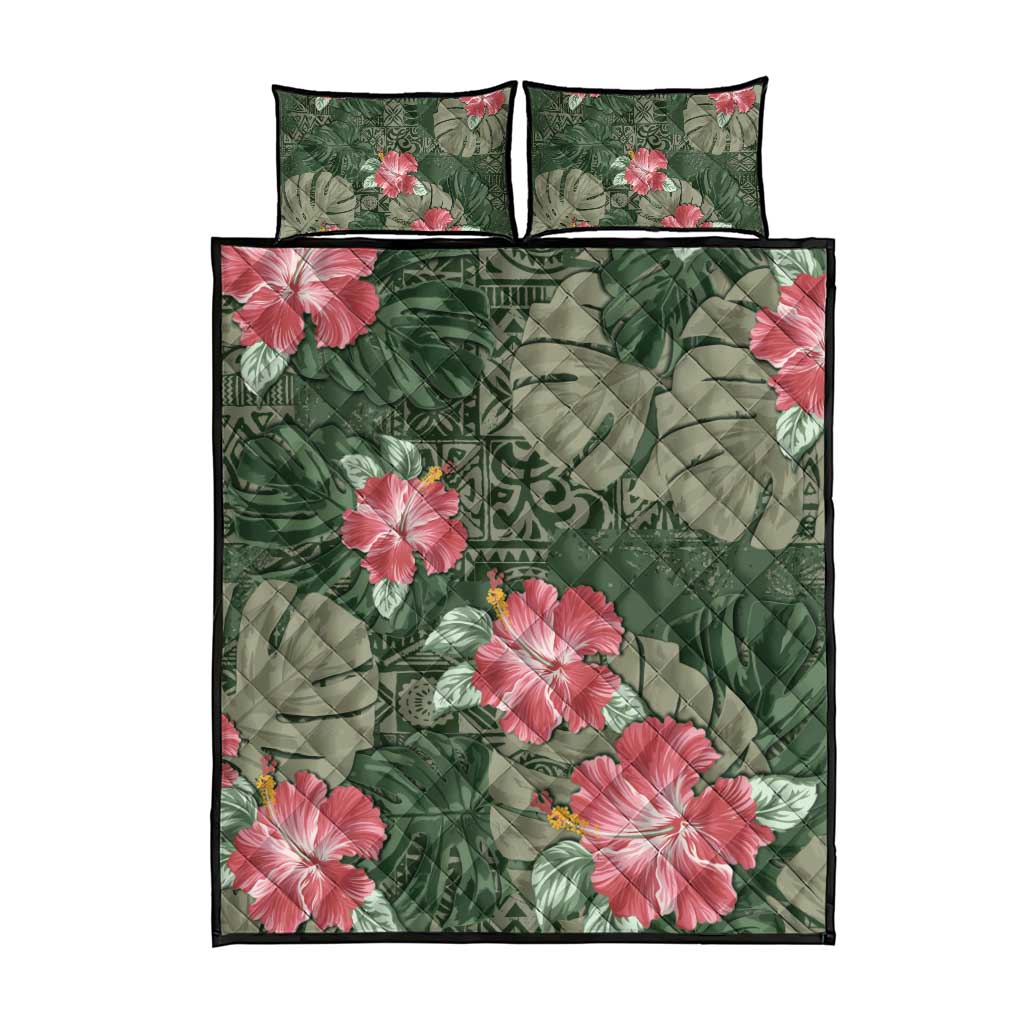 Hawaii Quilt Bed Set Green Polynesian Monstera Patterns - Polynesian Pride
