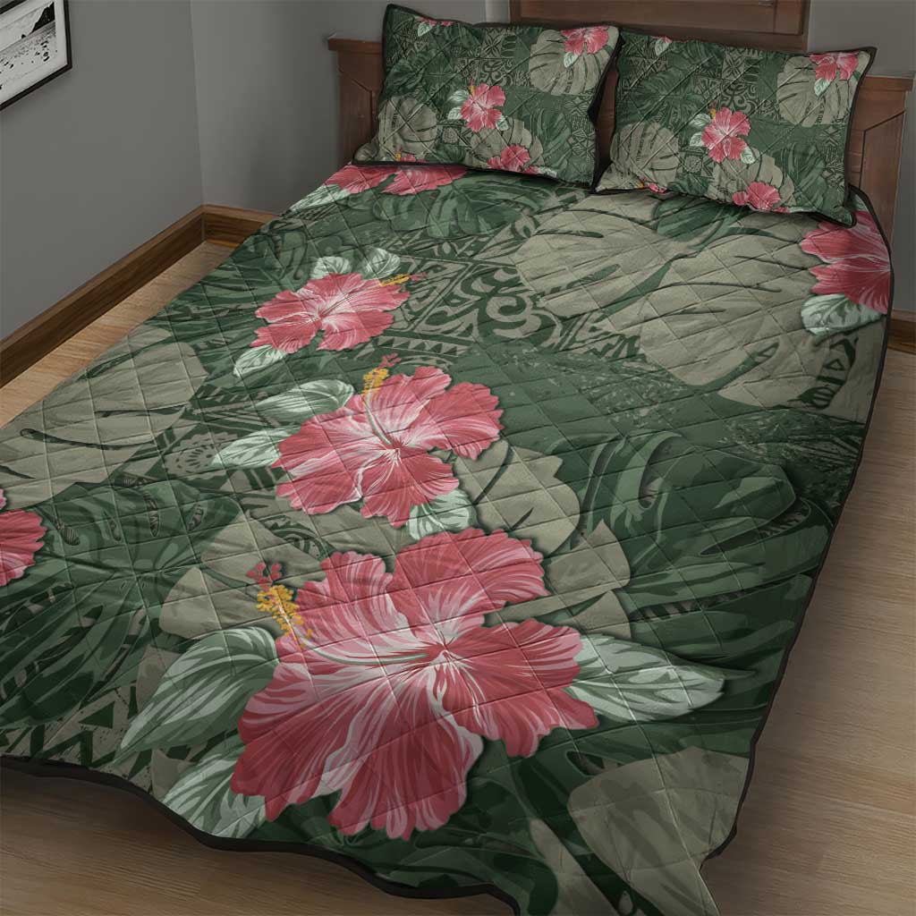 Hawaii Quilt Bed Set Green Polynesian Monstera Patterns - Polynesian Pride