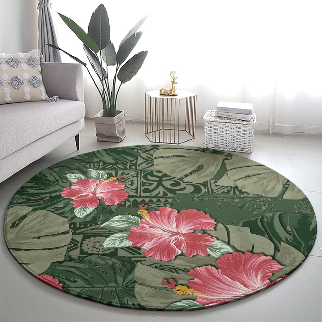 Hawaii Round Carpet Green Polynesian Monstera Patterns - Polynesian Pride