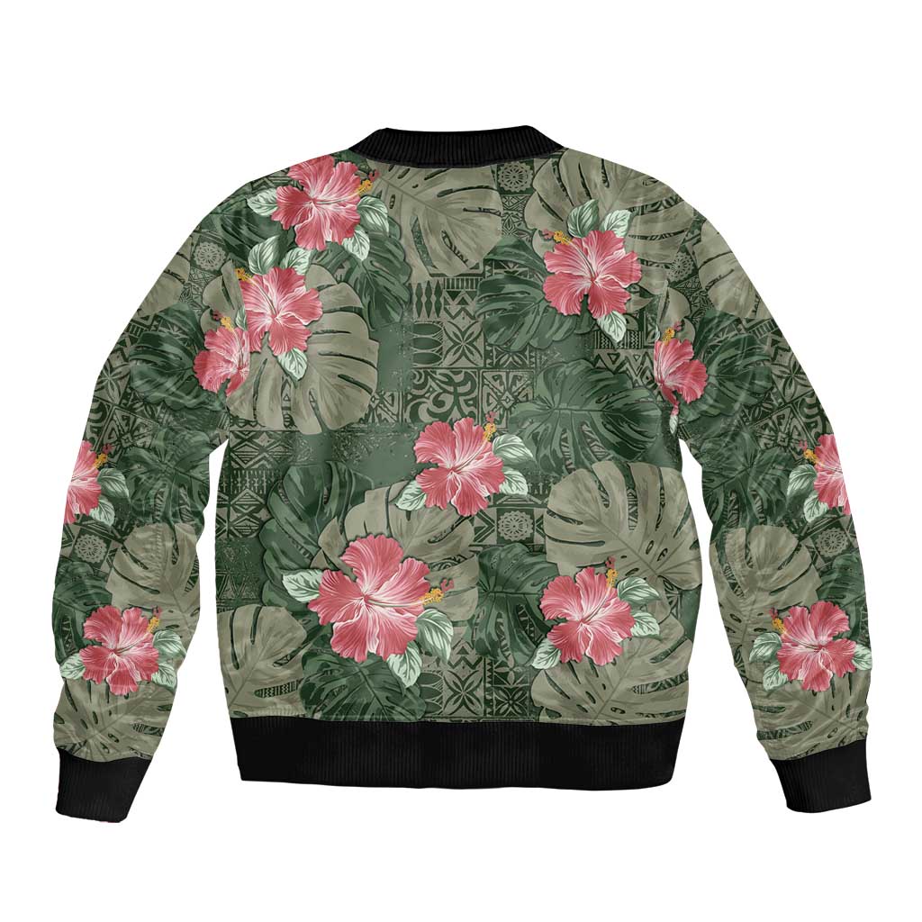 Hawaii Sleeve Zip Bomber Jacket Green Polynesian Monstera Patterns - Polynesian Pride