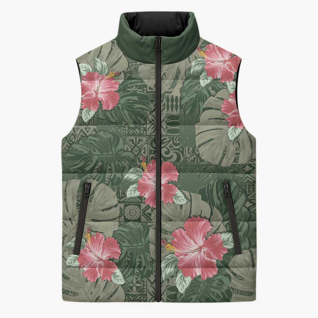 Hawaii Sleeveless Puffer Jacket Green Polynesian Monstera Patterns DT05 Unisex Green - Polynesian Pride