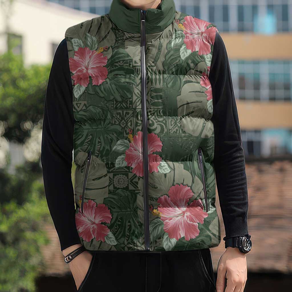 Hawaii Sleeveless Puffer Jacket Green Polynesian Monstera Patterns DT05 - Polynesian Pride
