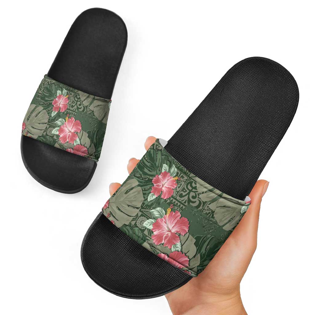 Hawaii Slide Sandals Green Polynesian Monstera Patterns - Polynesian Pride