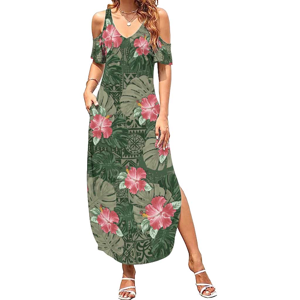 Hawaii Summer Maxi Dress Green Polynesian Monstera Patterns - Polynesian Pride