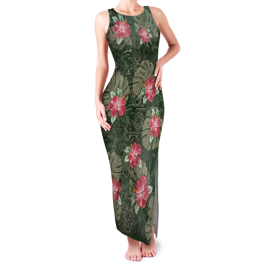 Hawaii Tank Maxi Dress Green Polynesian Monstera Patterns - Polynesian Pride