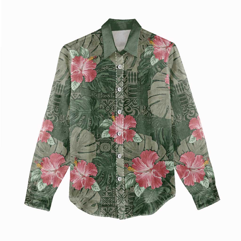 Hawaii Women Casual Shirt Green Polynesian Monstera Patterns - Polynesian Pride