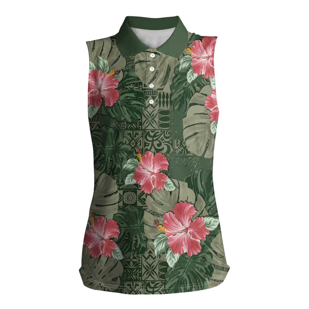 Hawaii Women Sleeveless Polo Shirt Green Polynesian Monstera Patterns DT05 Female Green - Polynesian Pride