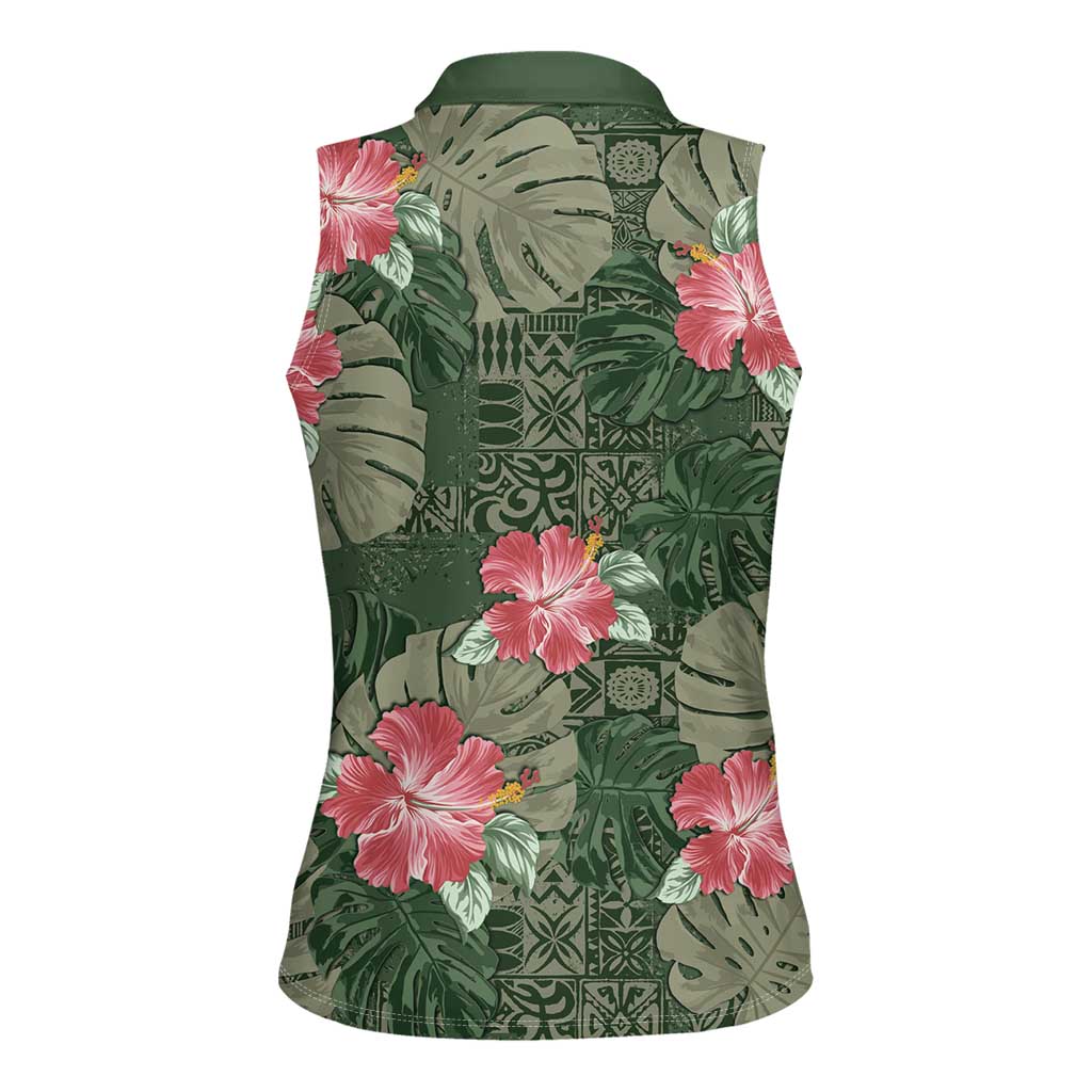 Hawaii Women Sleeveless Polo Shirt Green Polynesian Monstera Patterns DT05 - Polynesian Pride