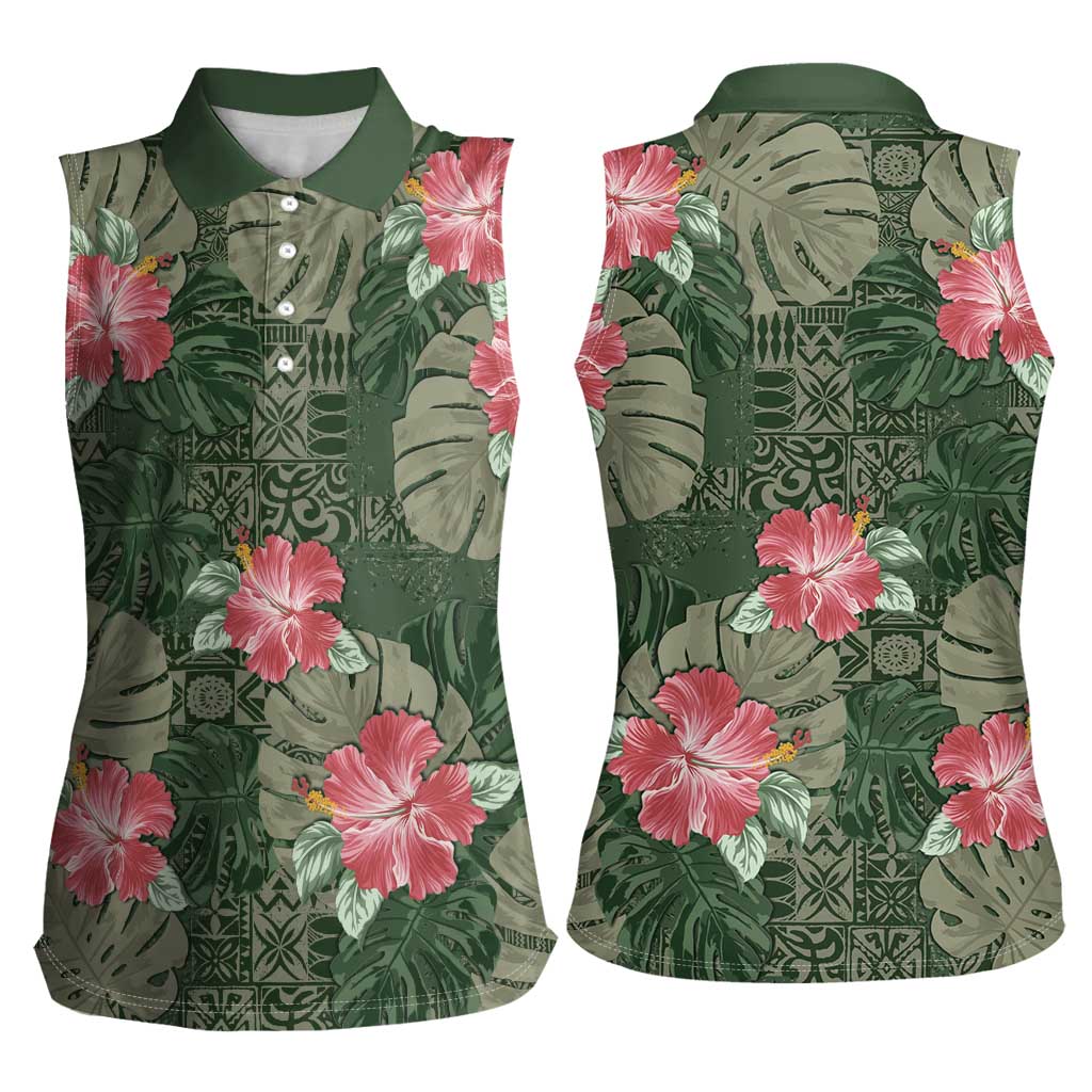 Hawaii Women Sleeveless Polo Shirt Green Polynesian Monstera Patterns DT05 - Polynesian Pride