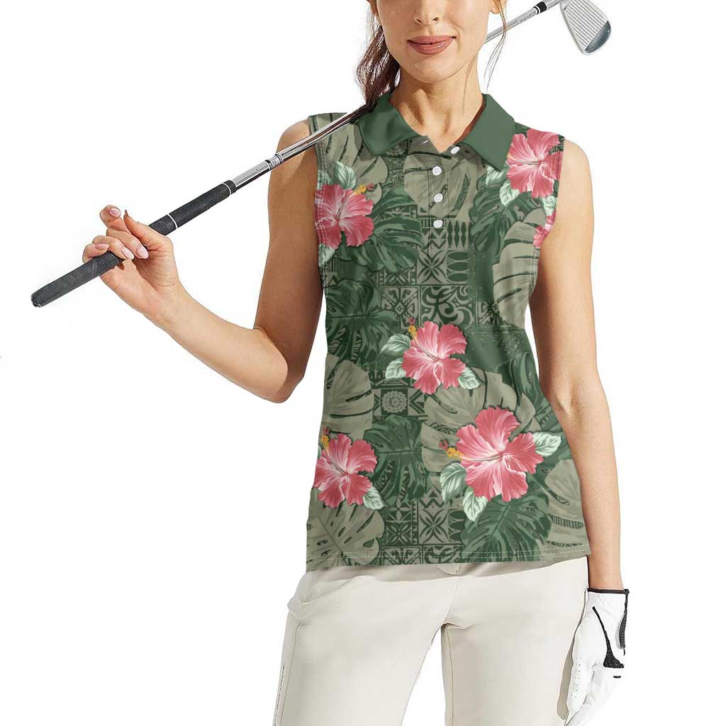 Hawaii Women Sleeveless Polo Shirt Green Polynesian Monstera Patterns DT05 - Polynesian Pride