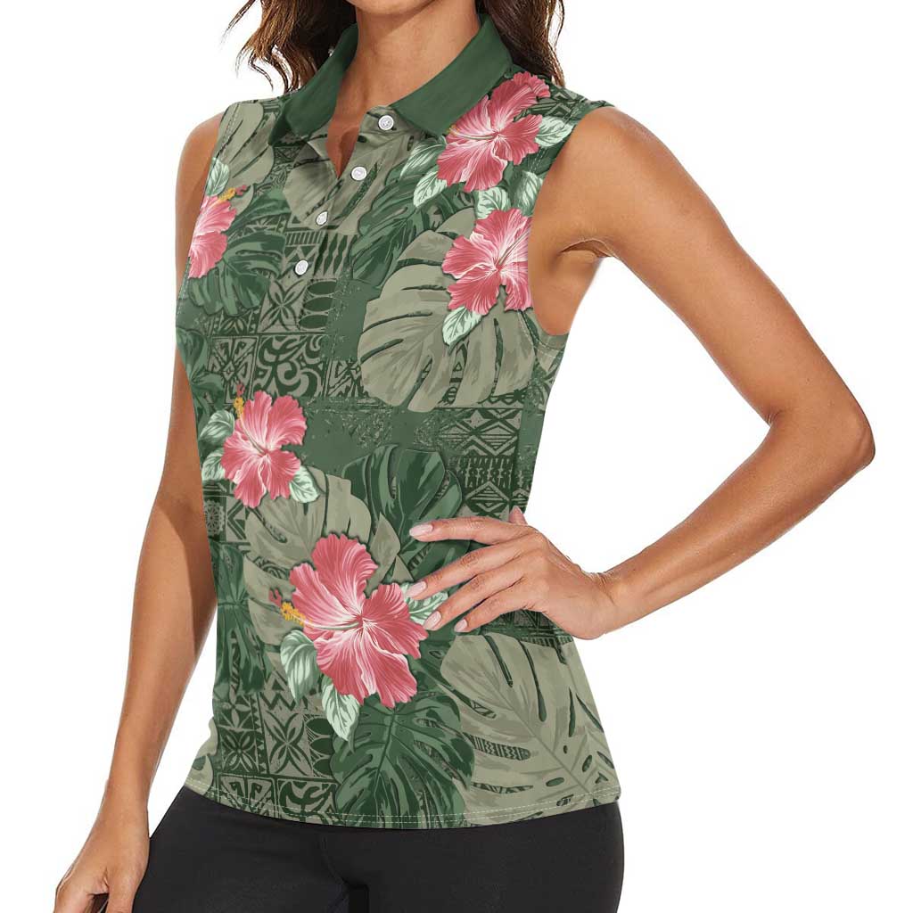 Hawaii Women Sleeveless Polo Shirt Green Polynesian Monstera Patterns DT05 - Polynesian Pride