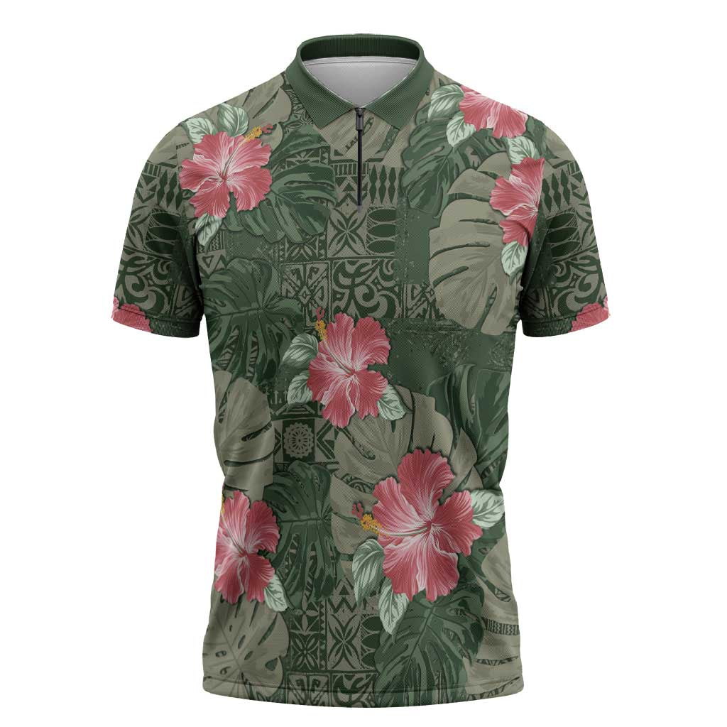Hawaii Zipper Polo Shirt Green Polynesian Monstera Patterns DT05 Green - Polynesian Pride