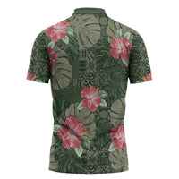 Hawaii Zipper Polo Shirt Green Polynesian Monstera Patterns - Polynesian Pride