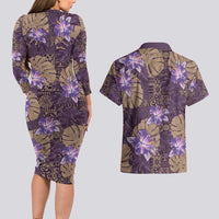 Hawaii Couples Matching Long Sleeve Bodycon Dress and Hawaiian Shirt Purple Polynesian Monstera Patterns - Polynesian Pride