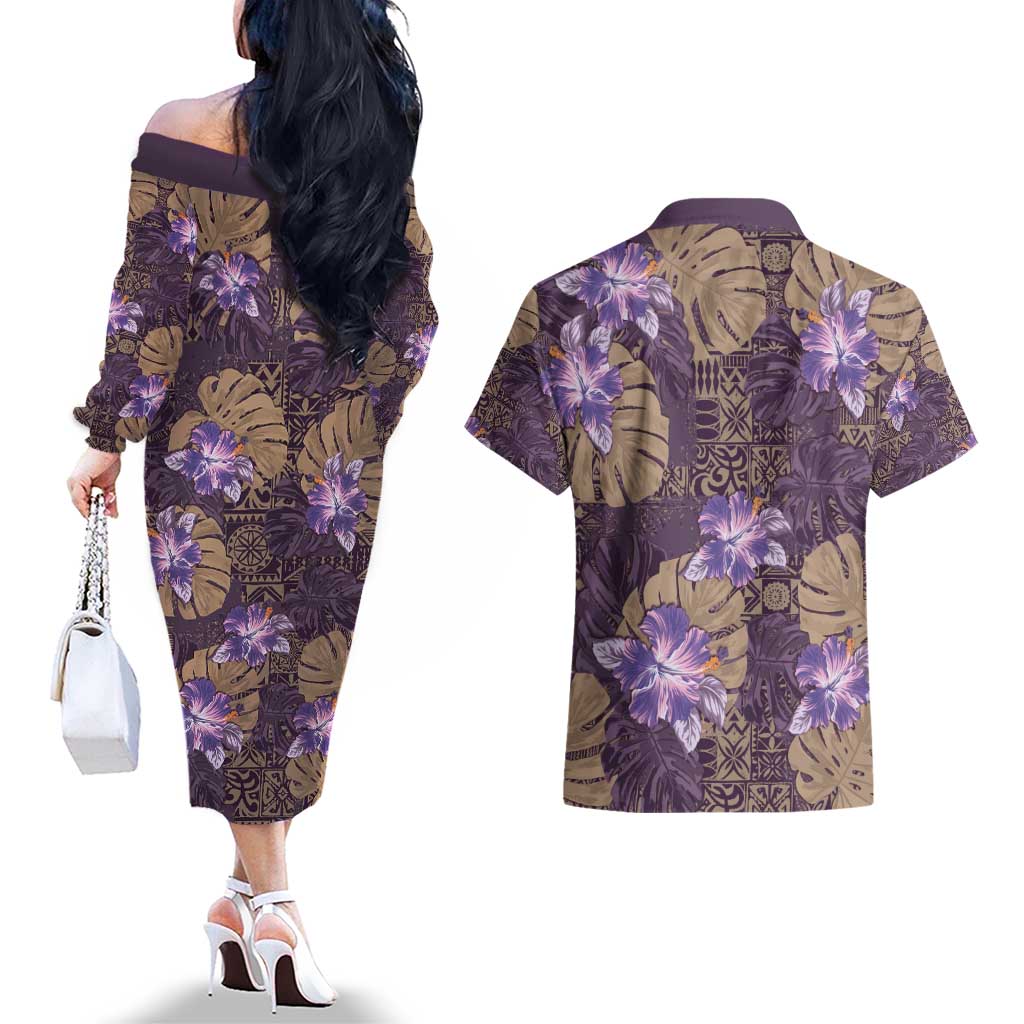 Hawaii Couples Matching Off The Shoulder Long Sleeve Dress and Hawaiian Shirt Purple Polynesian Monstera Patterns - Polynesian Pride