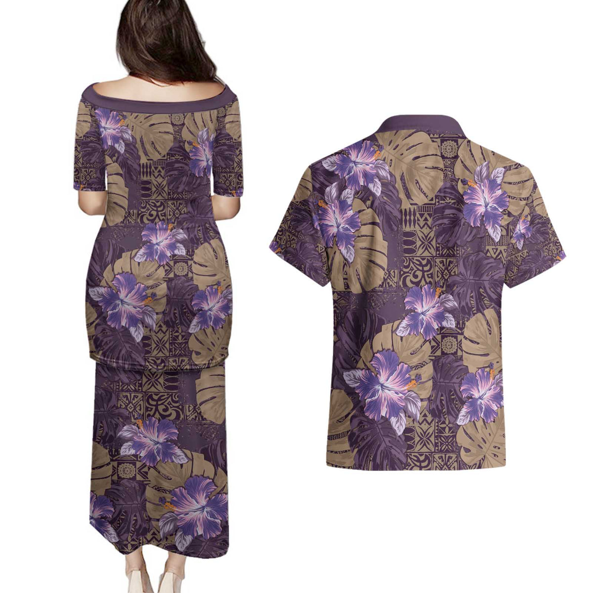 Hawaii Couples Matching Puletasi and Hawaiian Shirt Purple Polynesian Monstera Patterns DT05 - Polynesian Pride