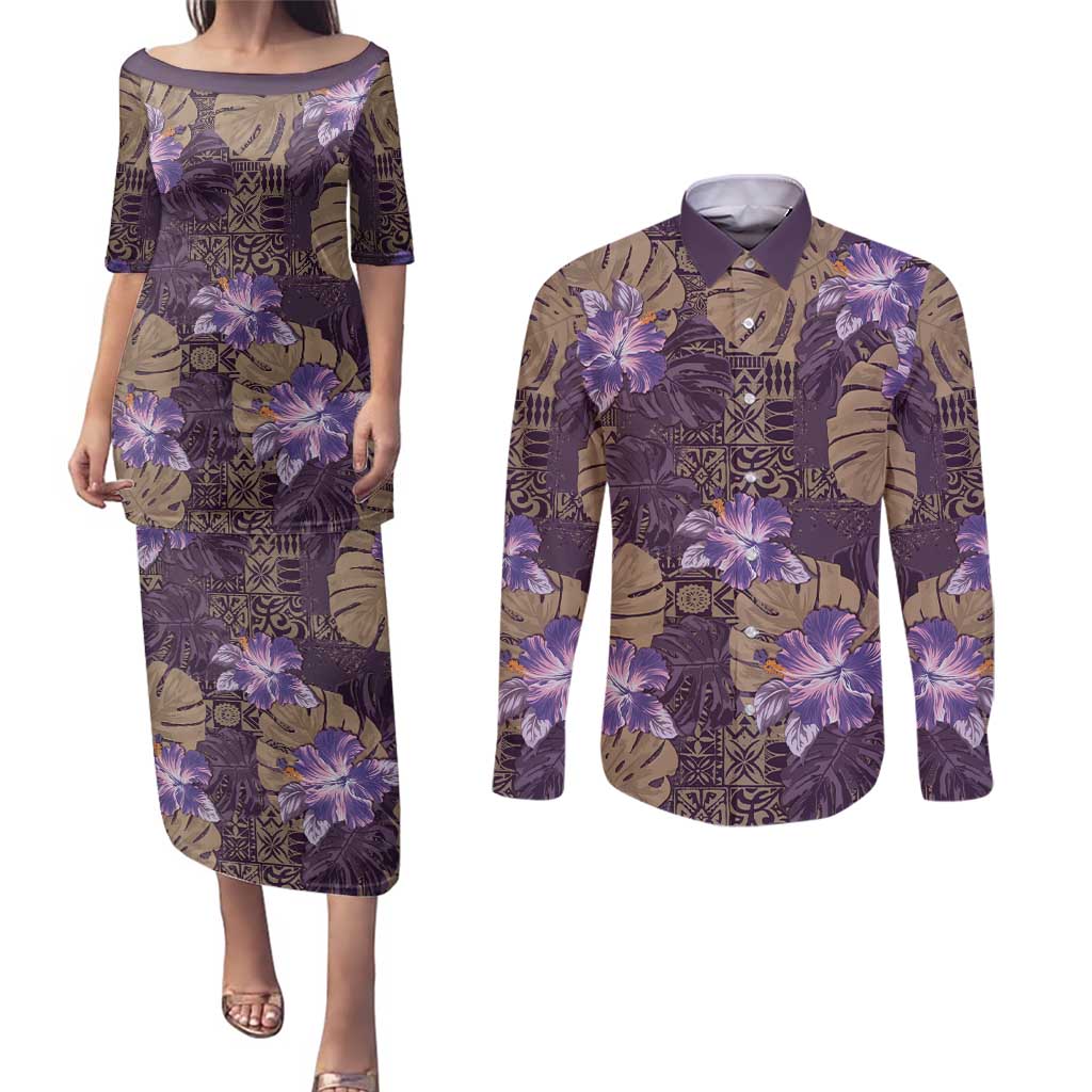 Hawaii Couples Matching Puletasi and Long Sleeve Button Shirt Purple Polynesian Monstera Patterns DT05 Purple - Polynesian Pride