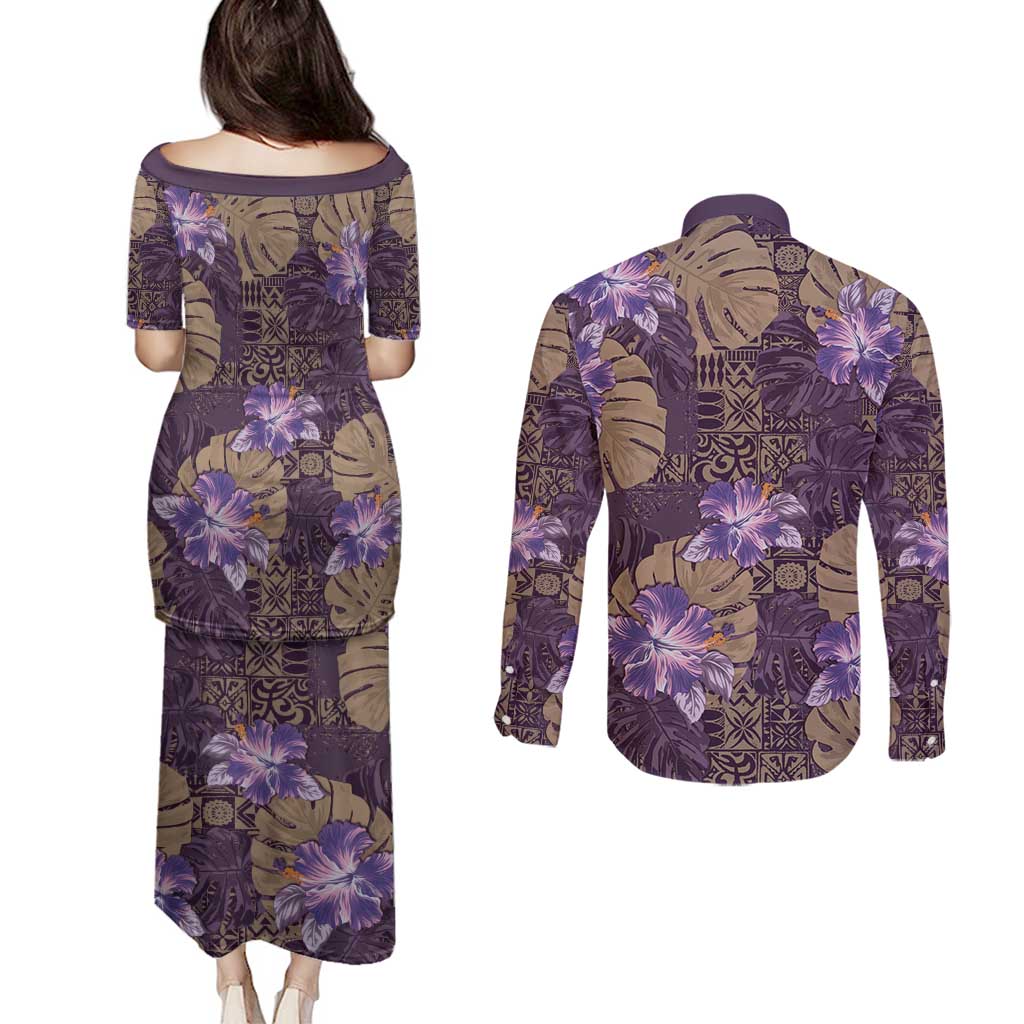 Hawaii Couples Matching Puletasi and Long Sleeve Button Shirt Purple Polynesian Monstera Patterns DT05 - Polynesian Pride