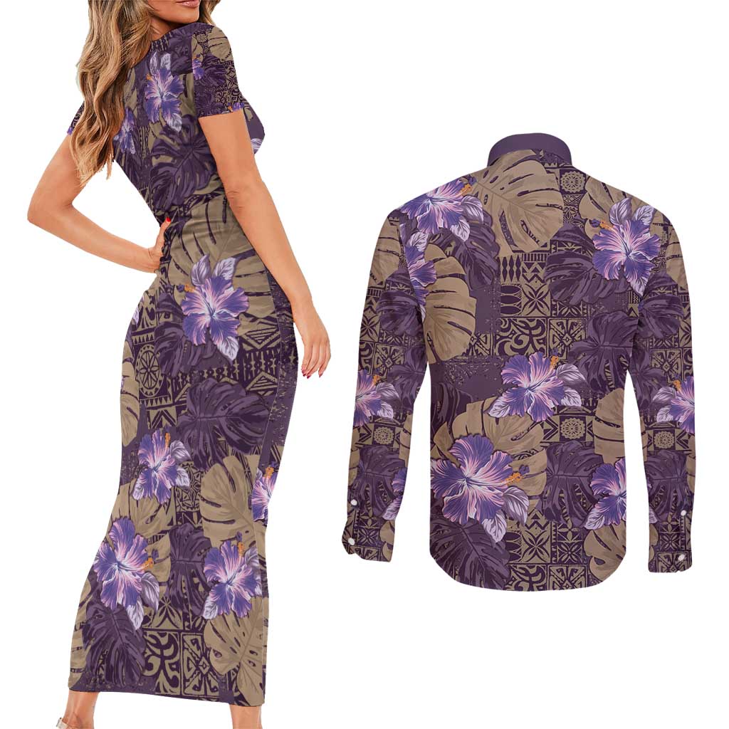 Hawaii Couples Matching Short Sleeve Bodycon Dress and Long Sleeve Button Shirt Purple Polynesian Monstera Patterns - Polynesian Pride