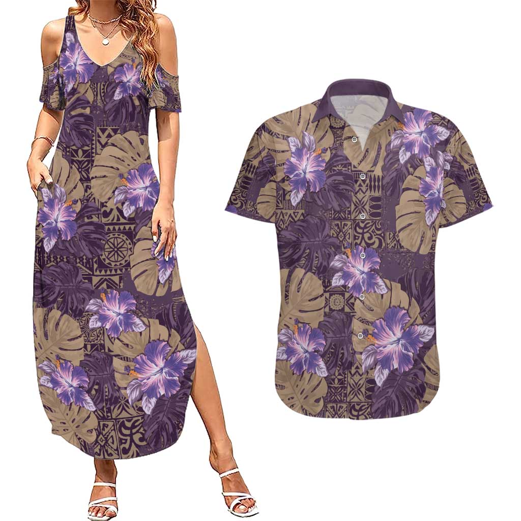 Hawaii Couples Matching Summer Maxi Dress and Hawaiian Shirt Purple Polynesian Monstera Patterns - Polynesian Pride