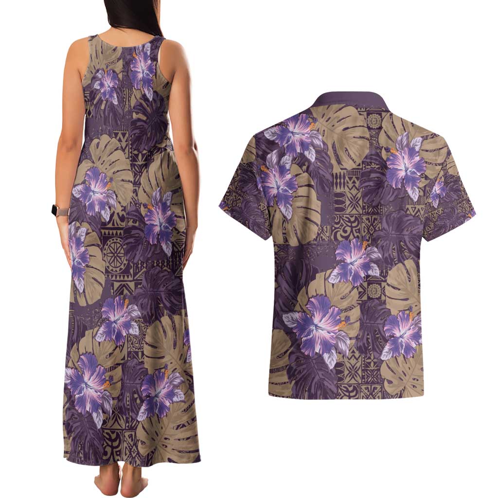 Hawaii Couples Matching Tank Maxi Dress and Hawaiian Shirt Purple Polynesian Monstera Patterns - Polynesian Pride