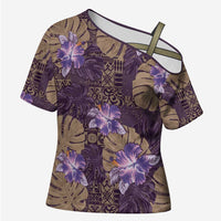 Hawaii Cross Shoulder Shirt Purple Polynesian Monstera Patterns DT05 Female Purple - Polynesian Pride