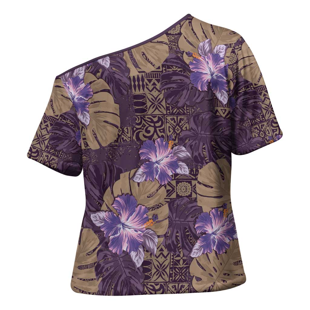 Hawaii Cross Shoulder Shirt Purple Polynesian Monstera Patterns DT05 - Polynesian Pride